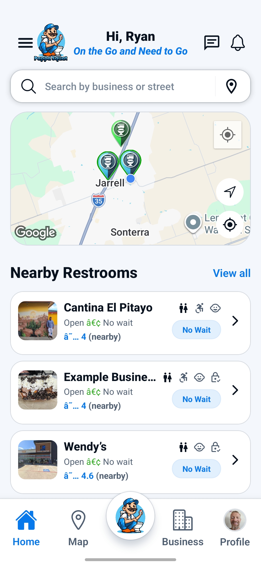 Pappa Squat home screen showing nearby restrooms
