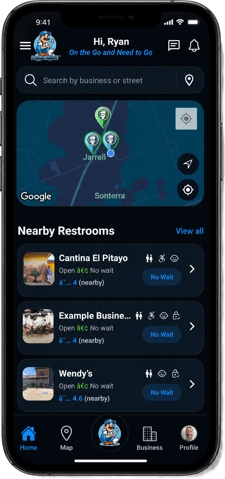 Pappa Squat home screen showing nearby restrooms